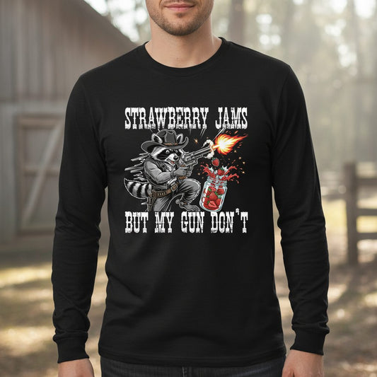 Strawberry Jams but My Gun Don't raccoon Long Sleeve Tee Black lifestyle mockup