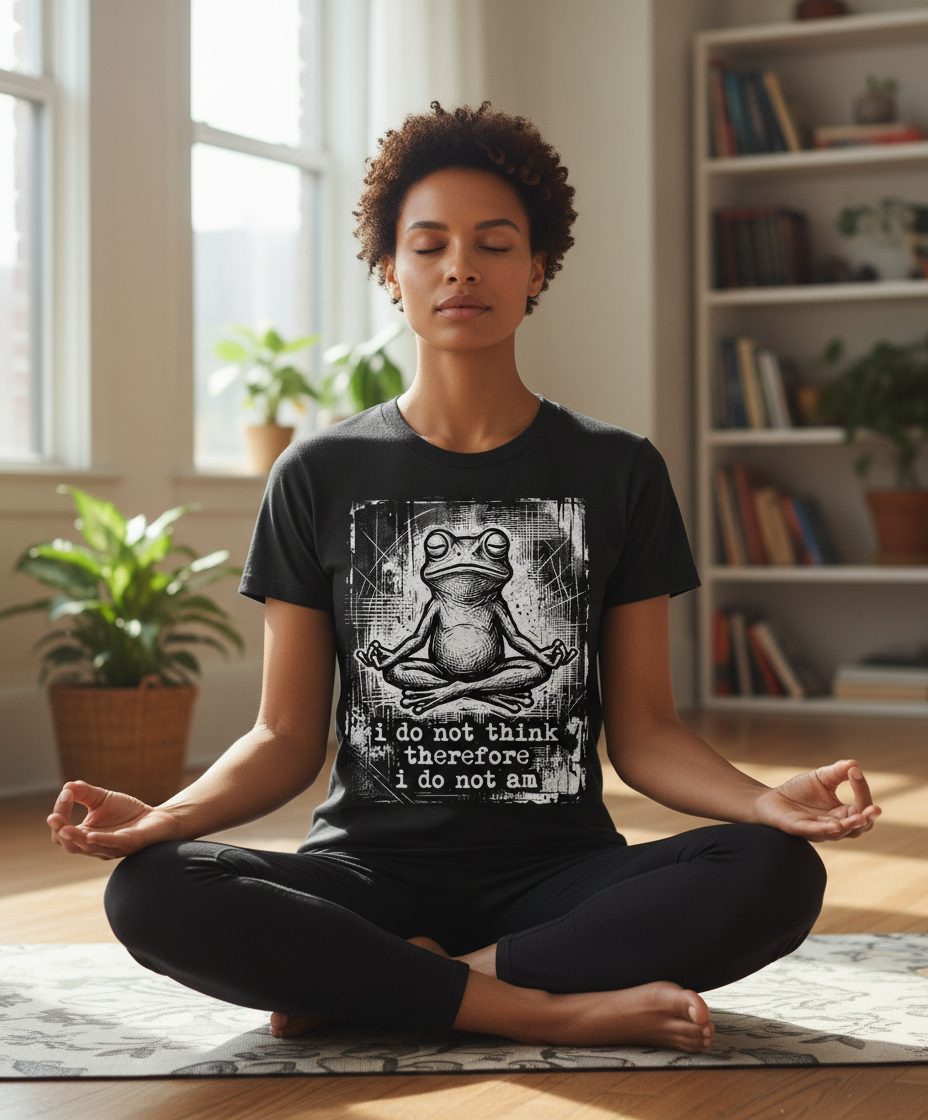 I Do Not Think Therefore I Do Not Am meditating frog T-Shirt Black lifestyle mockup