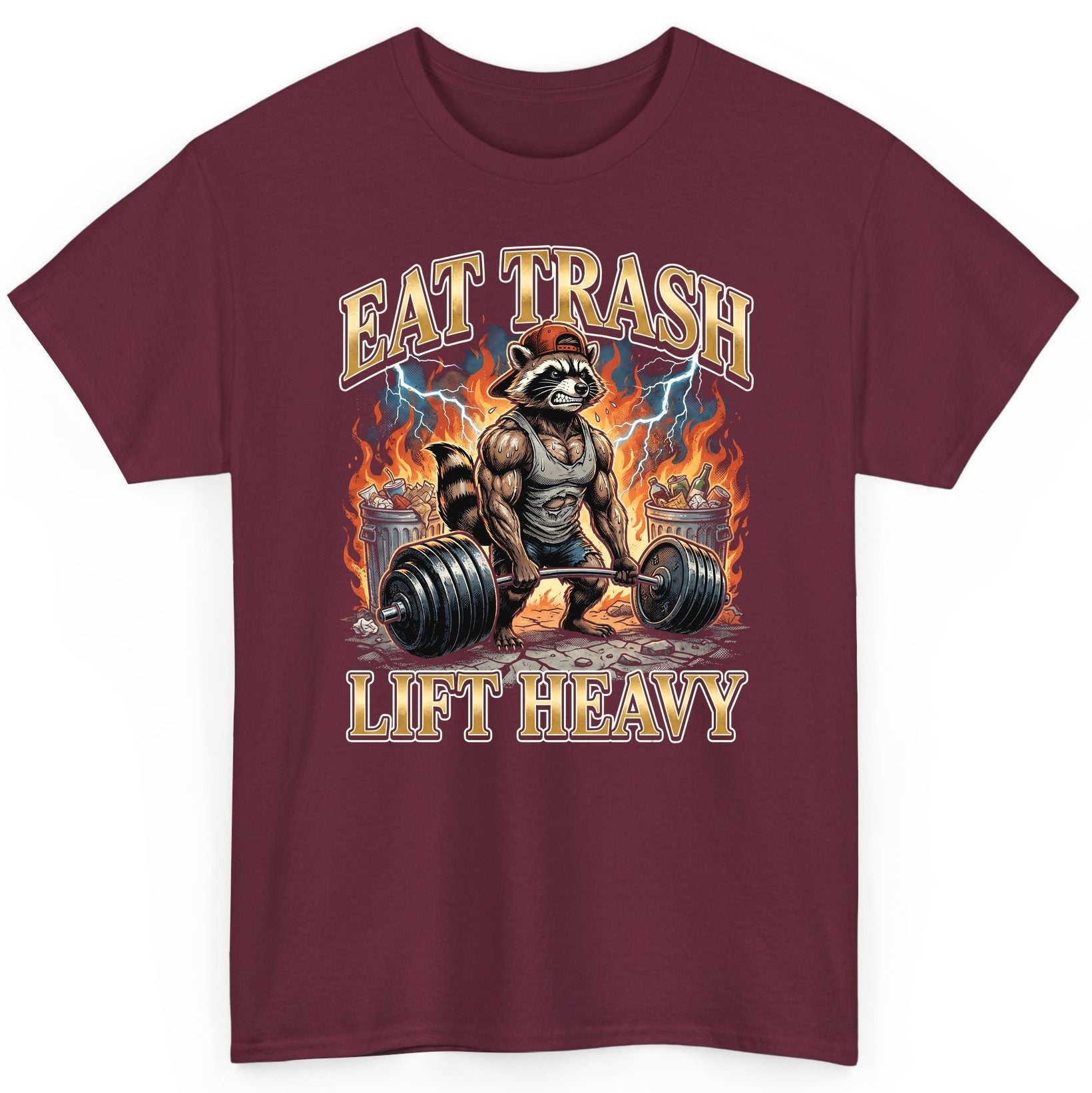 Eat Trash Lift Heavy raccoon T-Shirt Maroon product mockup