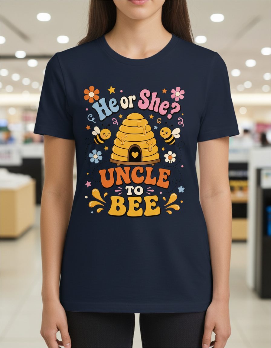 He or She Uncle to Bee Retro Gender Reveal T-Shirt - product mockup - Navy