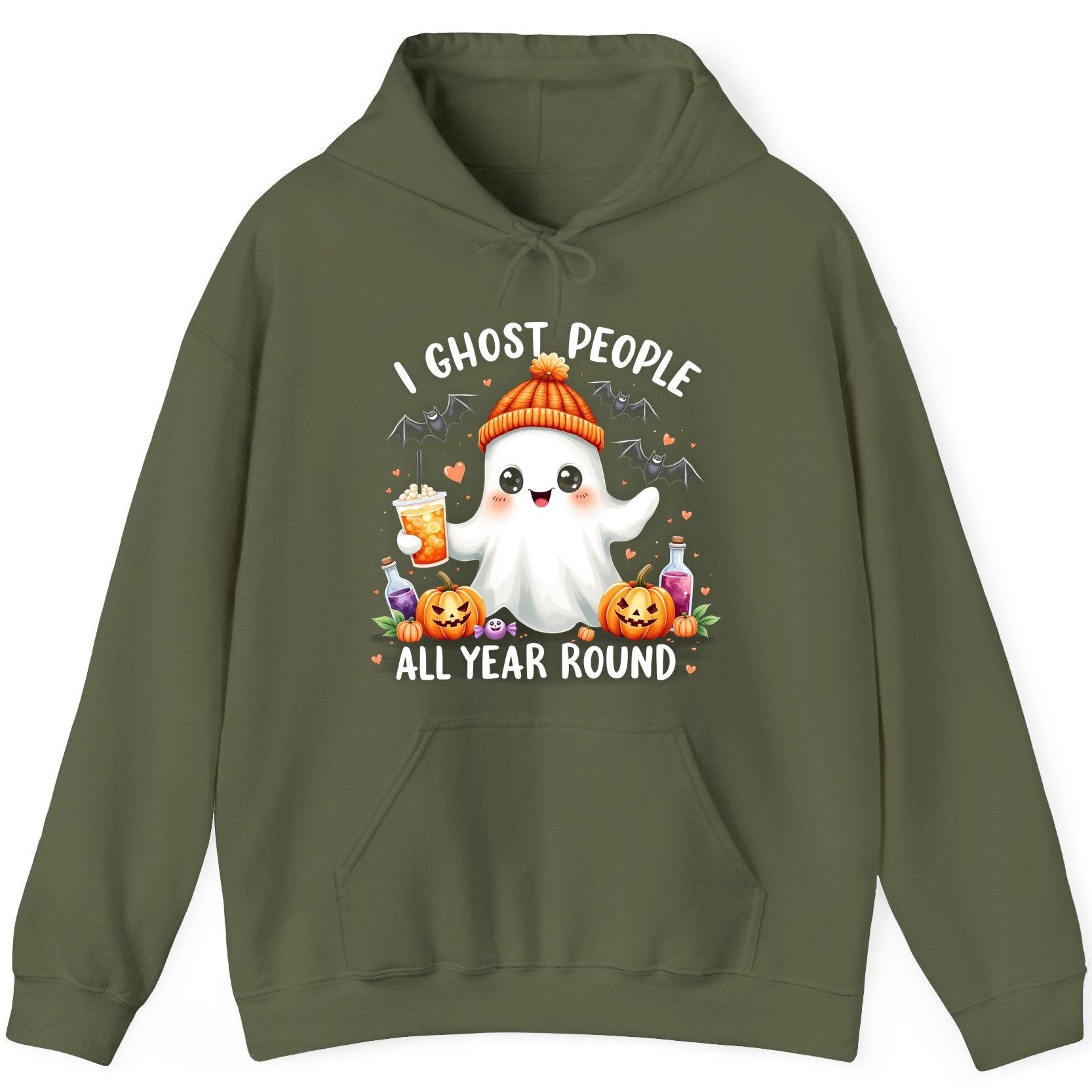 I Ghost People All Year Round cute ghost Hoodie Military Green product mockup