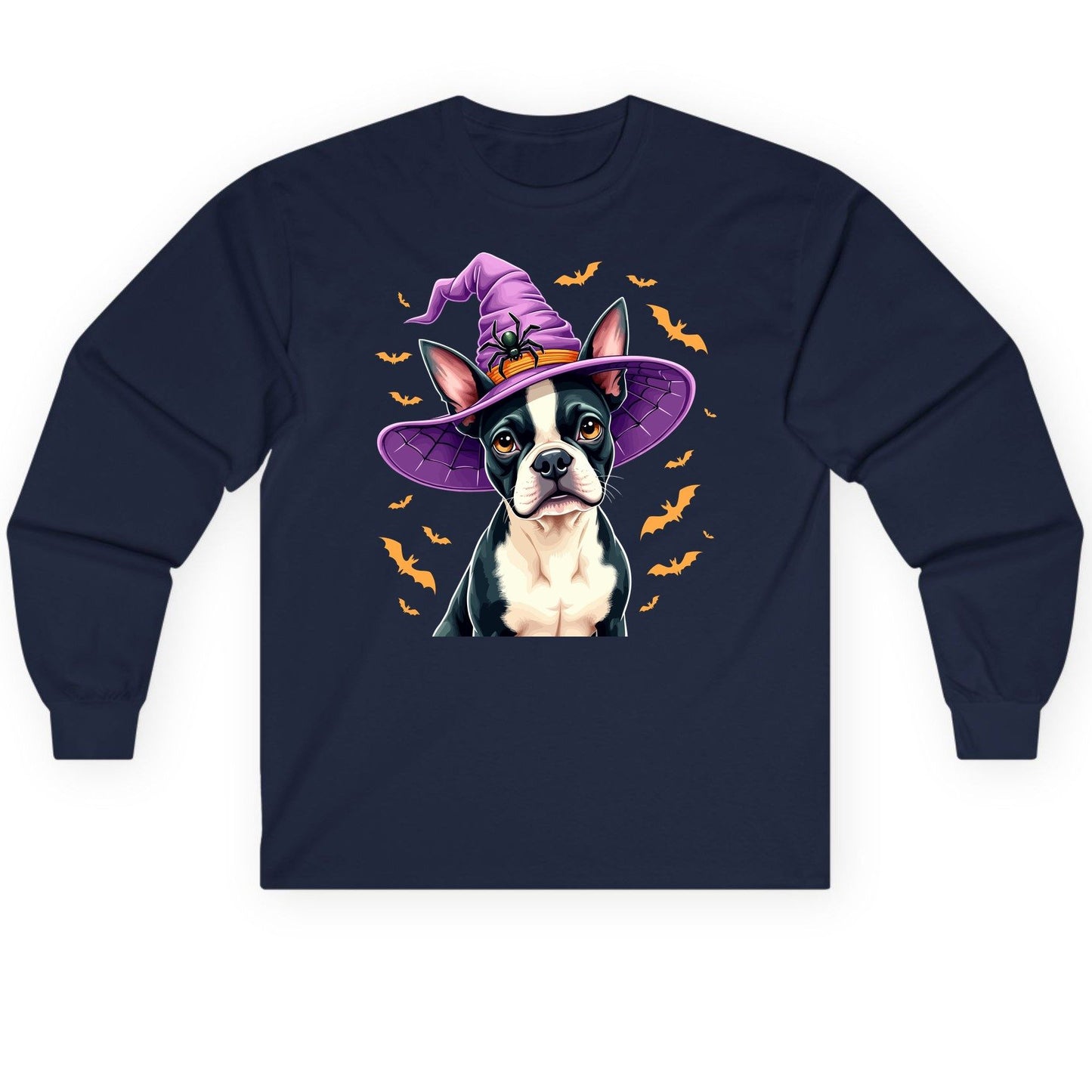 Halloween Boston Terrier Witch boston terrier Long Sleeve Tee Navy product mockup
