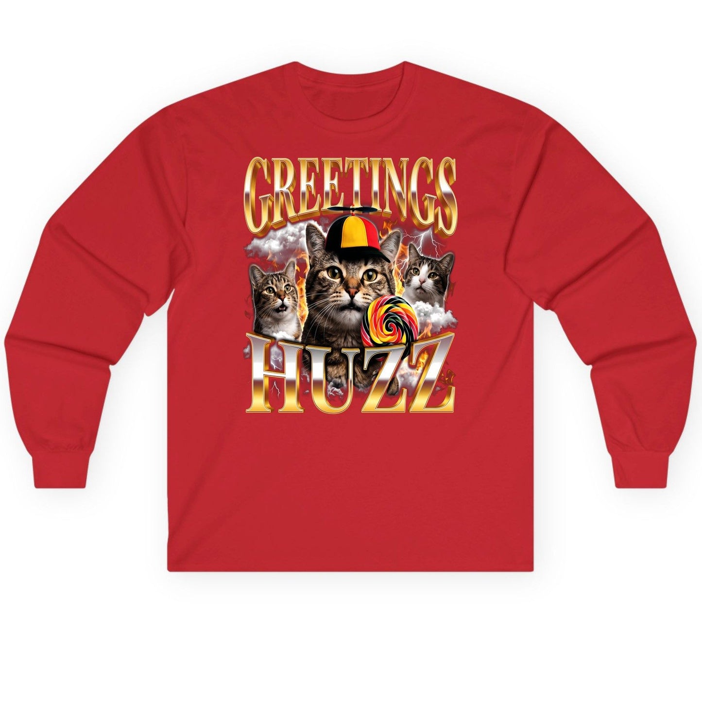 Greetings HUZZ Funny Cats Long Sleeve Tee - product mockup - Red