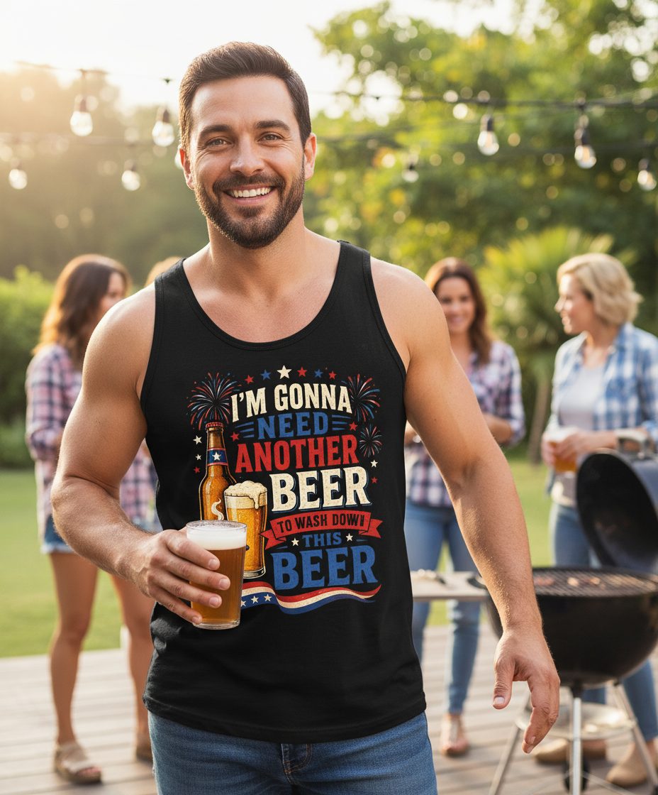 I'm Gonna Need Another Beer to Wash Down This Beer patriotic drinking humor Tank Top Black lifestyle mockup