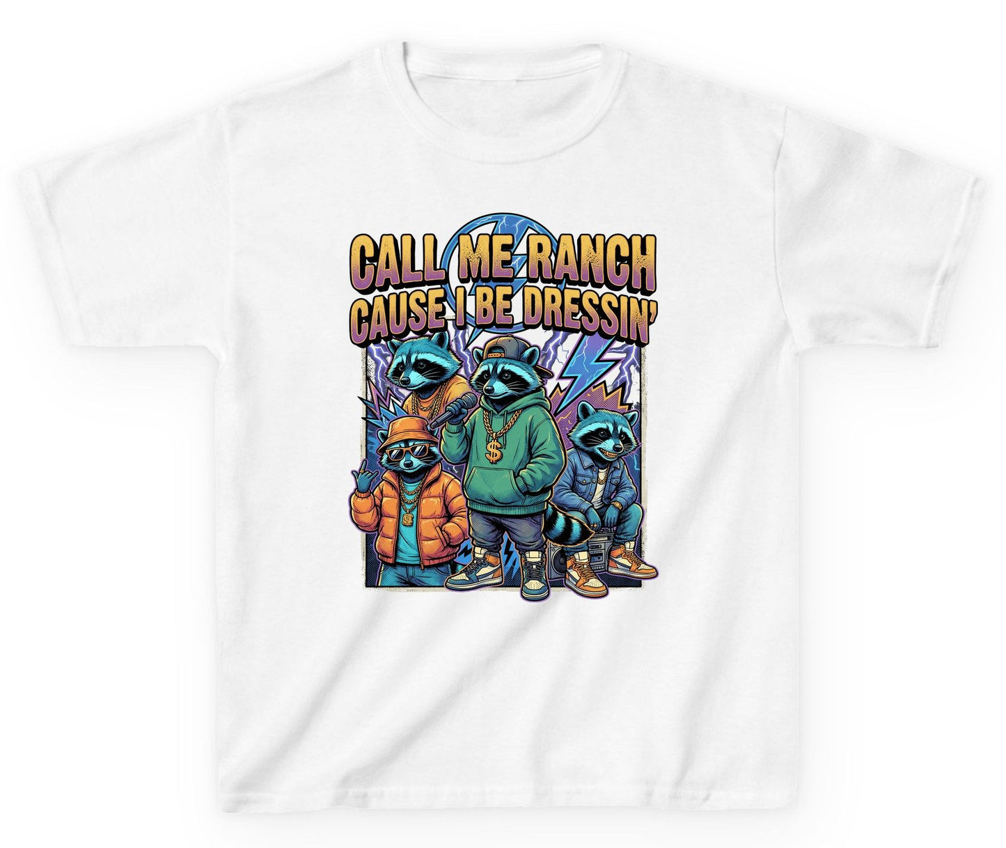 Call Me Ranch Cause I Be Dressin' raccoons Youth T-Shirt White product mockup