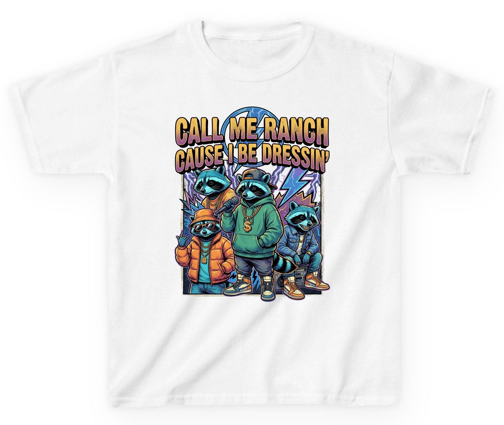 Call Me Ranch Cause I Be Dressin' raccoons Youth T-Shirt White product mockup