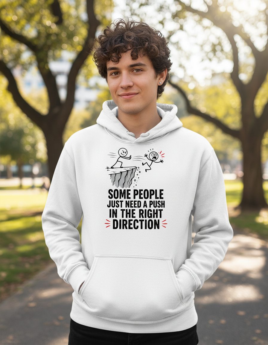 Some People Just Need a Push in the Right Direction Funny Sarcastic Humor Hoodie - lifestyle model mockup - White