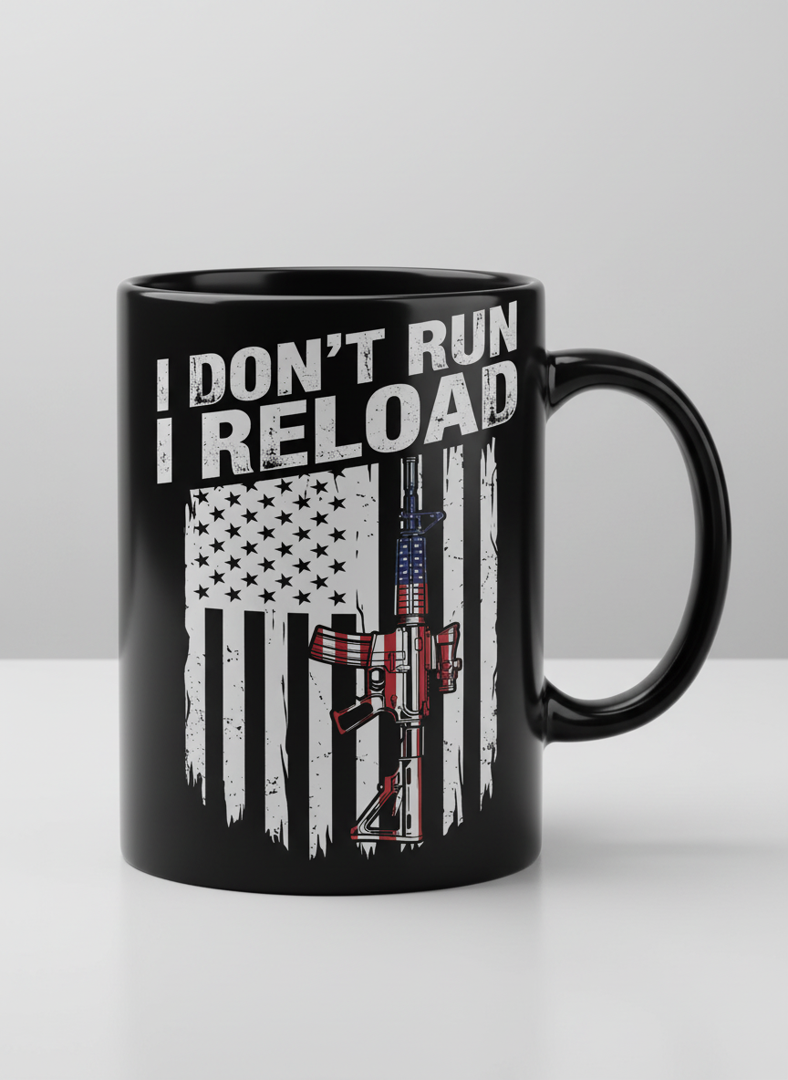 I Don't Run I Reload Patriotic American Flag Rifle Black Mug - Black