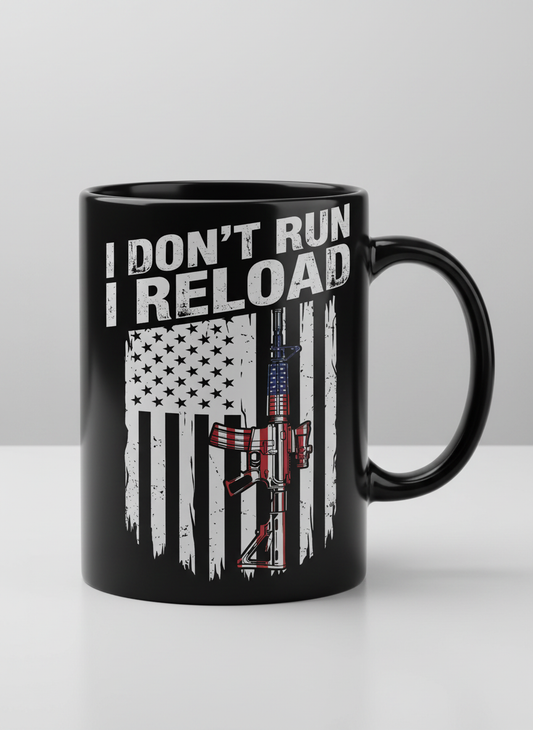 I Don't Run I Reload Patriotic American Flag Rifle Black Mug - Black