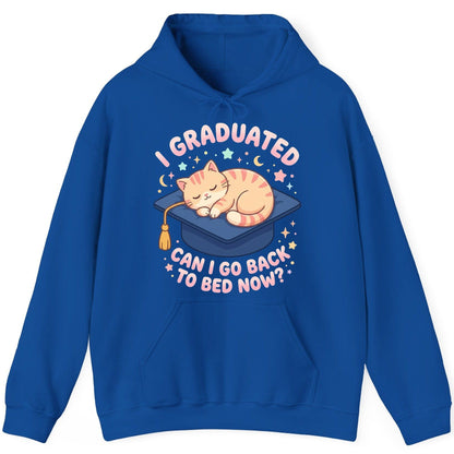 I Graduated CAN I GO BACK TO BED NOW Funny Graduation Cat Hoodie - product mockup - Royal