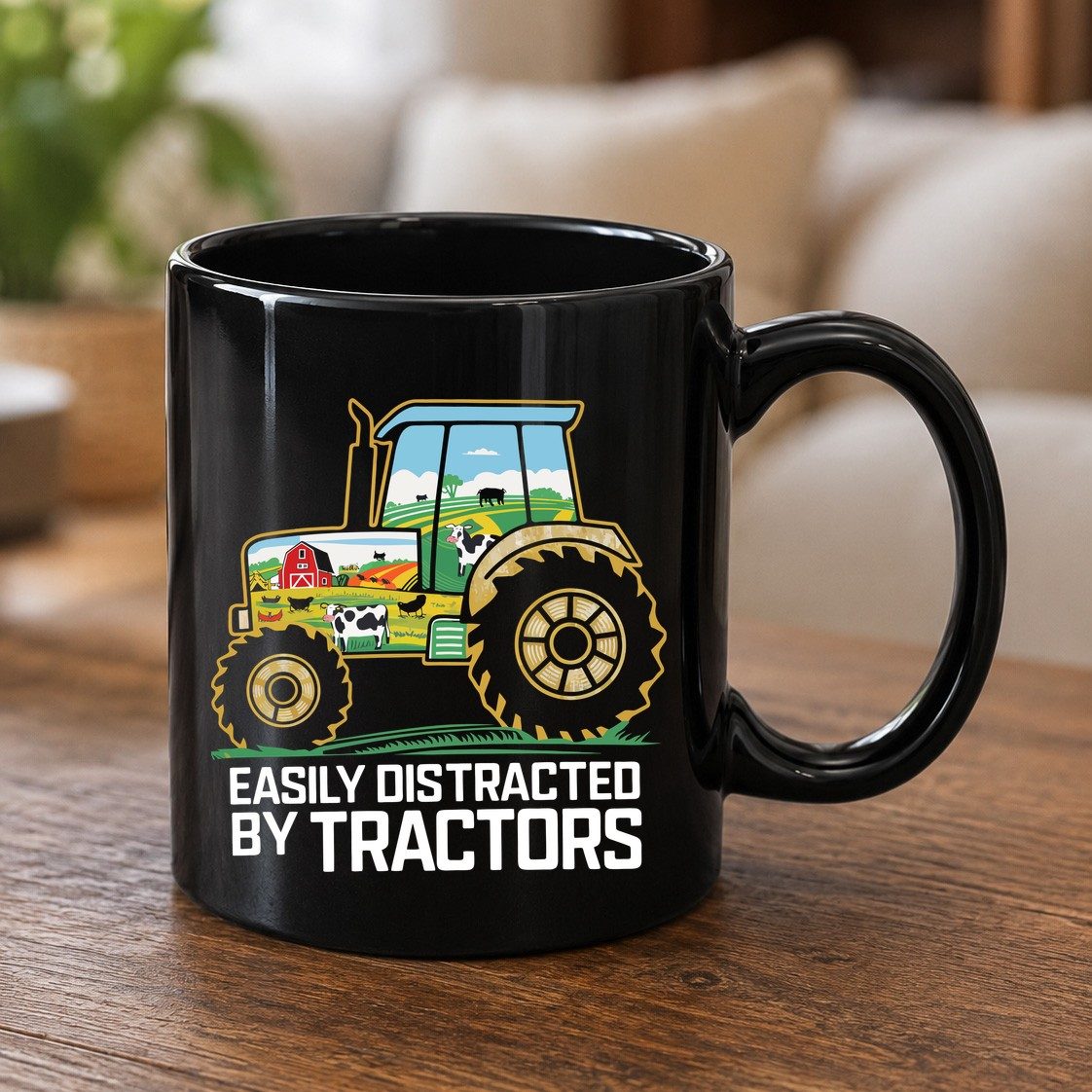 Easily Distracted by Tractors farming Black Mug Black product mockup