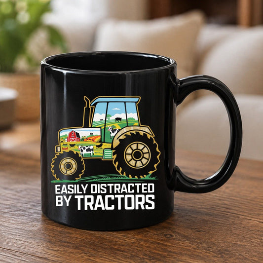 Easily Distracted by Tractors farming Black Mug Black product mockup