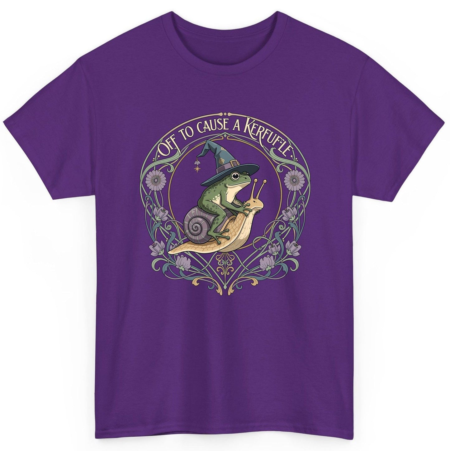 Off to Cause a Kerfuffle frog riding a snail T-Shirt Purple product mockup