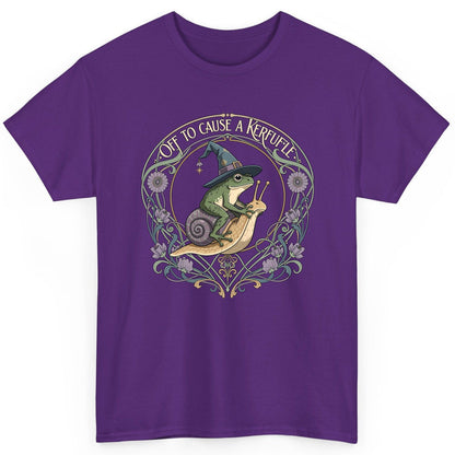 Off to Cause a Kerfuffle frog riding a snail T-Shirt Purple product mockup
