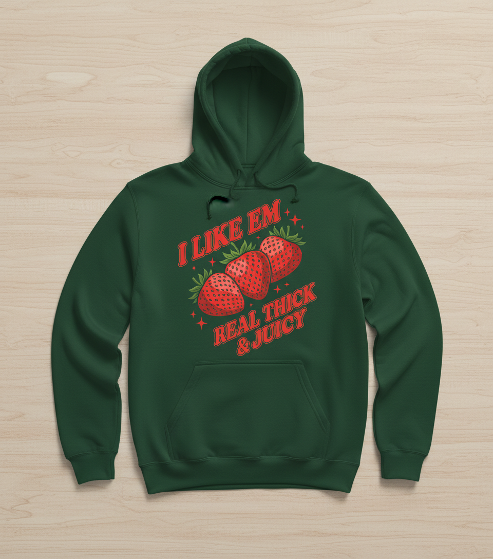 I Like Em Real Thick & Juicy Strawberries Funny Retro Design Hoodie - Forest Green