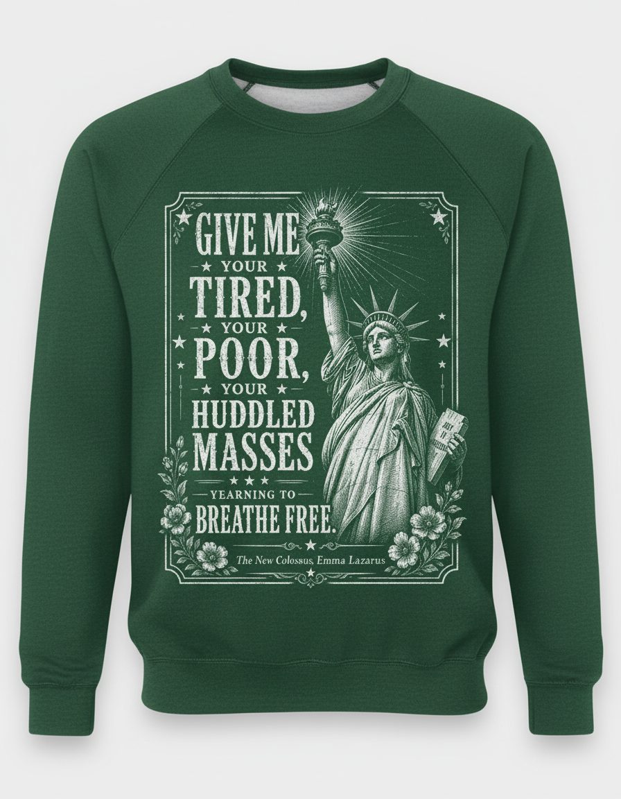 Give Me Your Tired Statue of Liberty Vintage Patriots Sweatshirt - product mockup - Forest Green