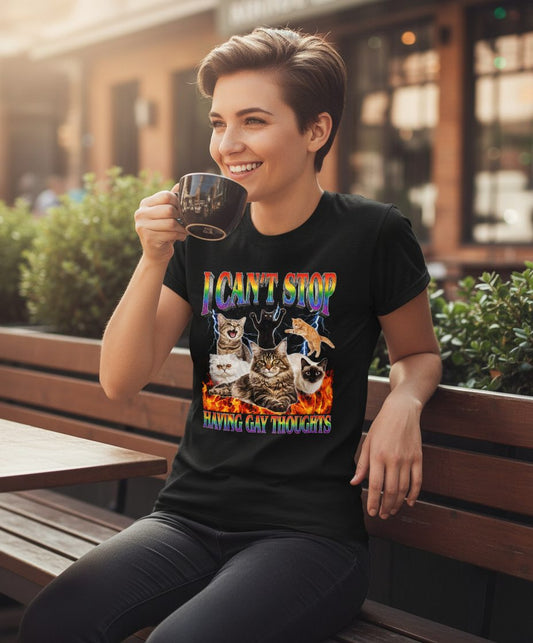 I Can't Stop Having Gay Thoughts cats T-Shirt Black lifestyle mockup