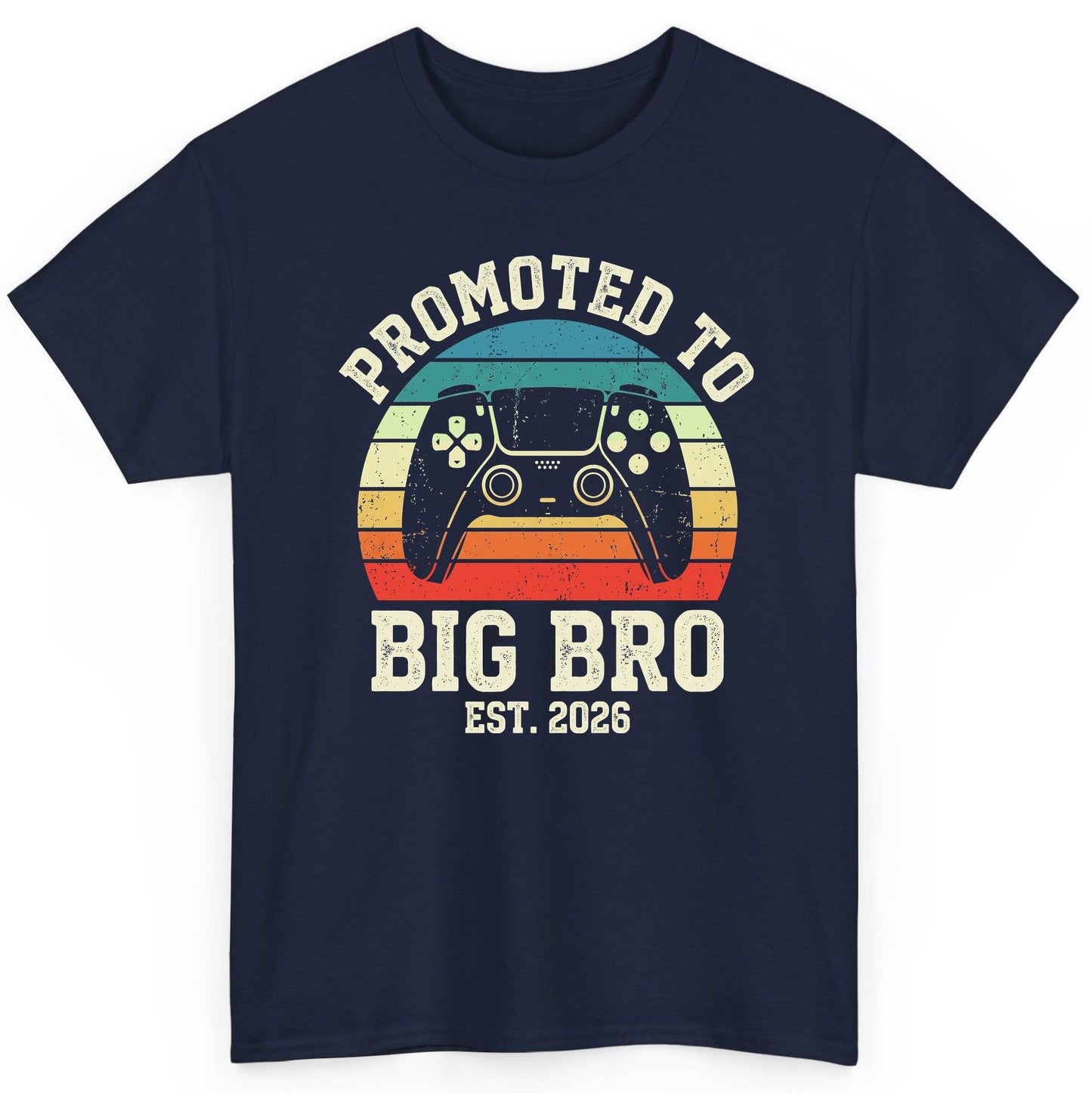 Promoted TO BIG BRO EST 2026 Retro Gaming T-Shirt - product mockup - Navy
