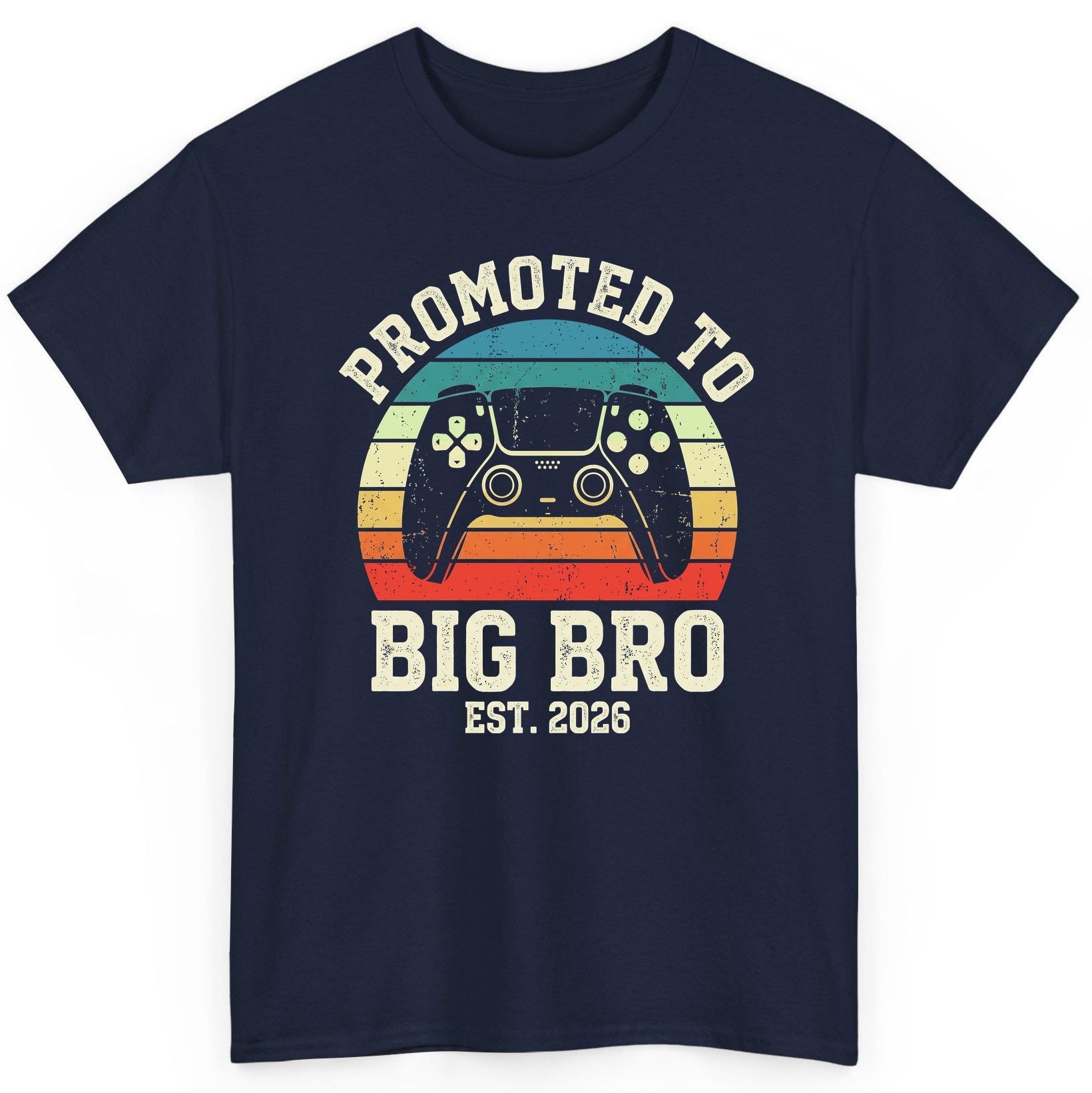 Promoted TO BIG BRO EST 2026 Retro Gaming T-Shirt - product mockup - Navy