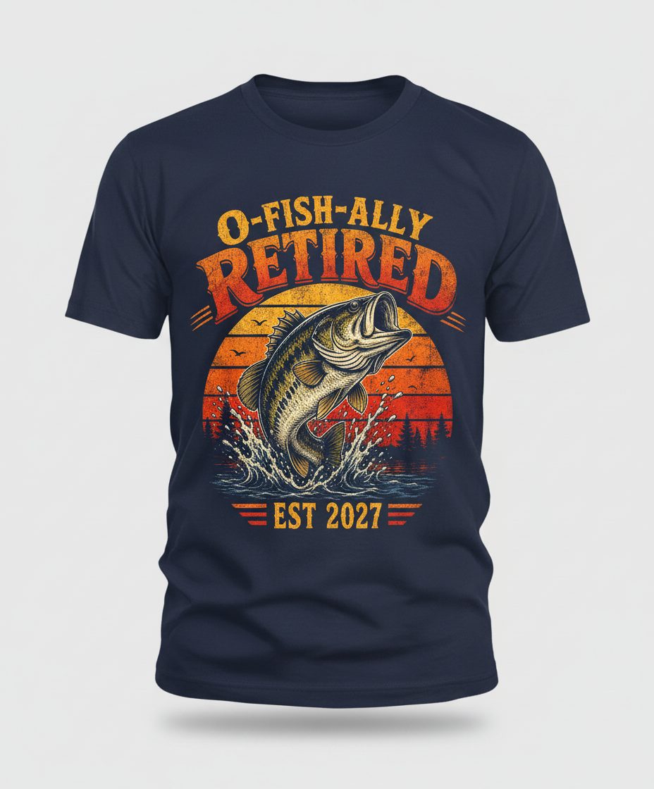 O-Fish-Ally Retired EST 2027 Funny Fishing T-Shirt - product mockup - Navy