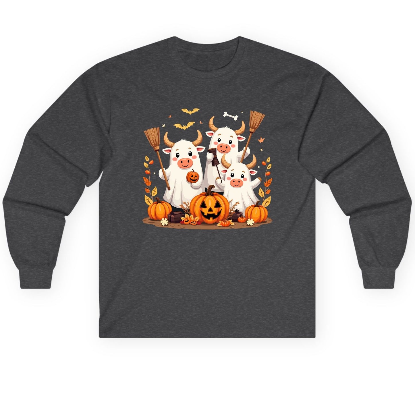 Cute Ghost Cows Halloween cows Long Sleeve Tee Dark Heather product mockup
