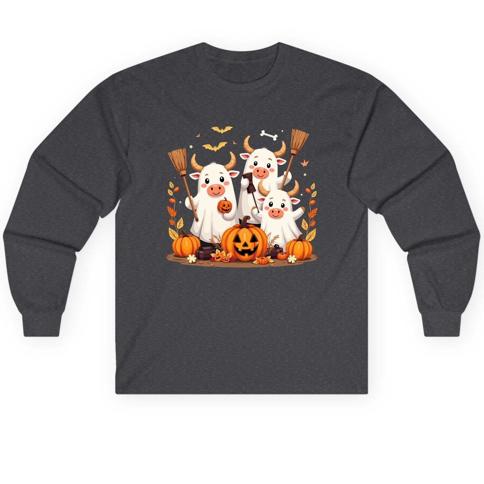 Cute Ghost Cows Halloween cows Long Sleeve Tee Dark Heather product mockup