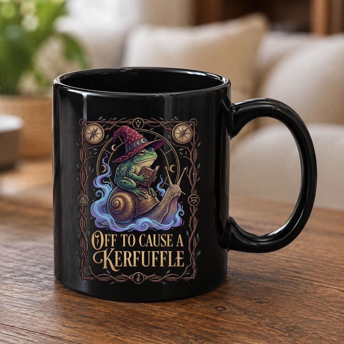 Off to Cause a Kerfuffle frog wizard Black Mug Black product mockup