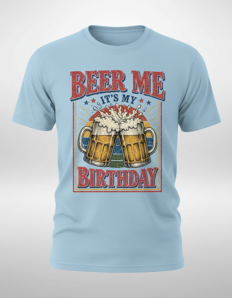 Beer Me It's My Birthday Funny Celebrants T-Shirt - product mockup - Light Blue