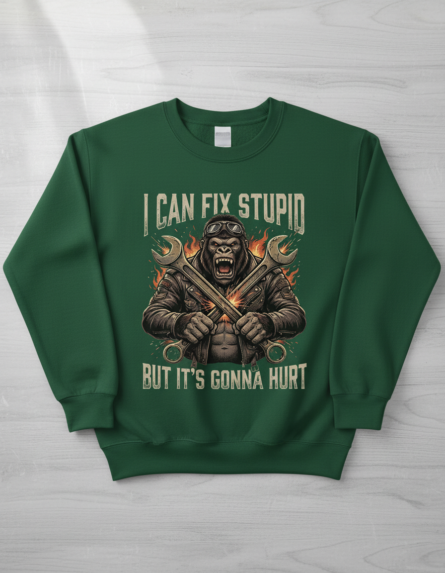 I Can Fix Stupid Gorilla Mechanic Biker Design Sweatshirt - Forest Green
