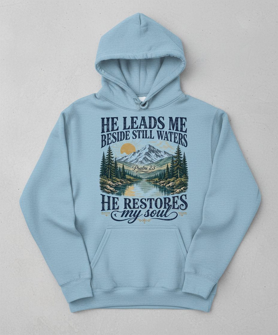 He Leads Me Beside Still Waters He Restores My Soul Hoodie - product mockup - Light Blue