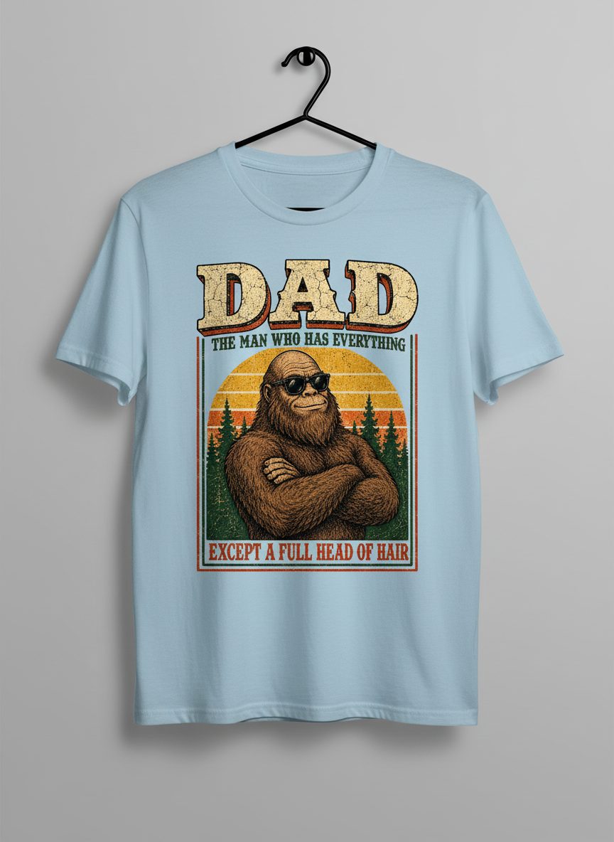 Dad the Man Who Has Everything Except a Full Head of Hair Funny Bigfoot T-Shirt - product mockup - Light Blue