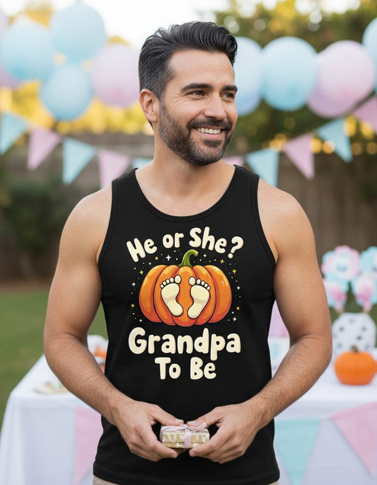 He or She Grandpa to Be gender reveal Tank Top Black lifestyle mockup