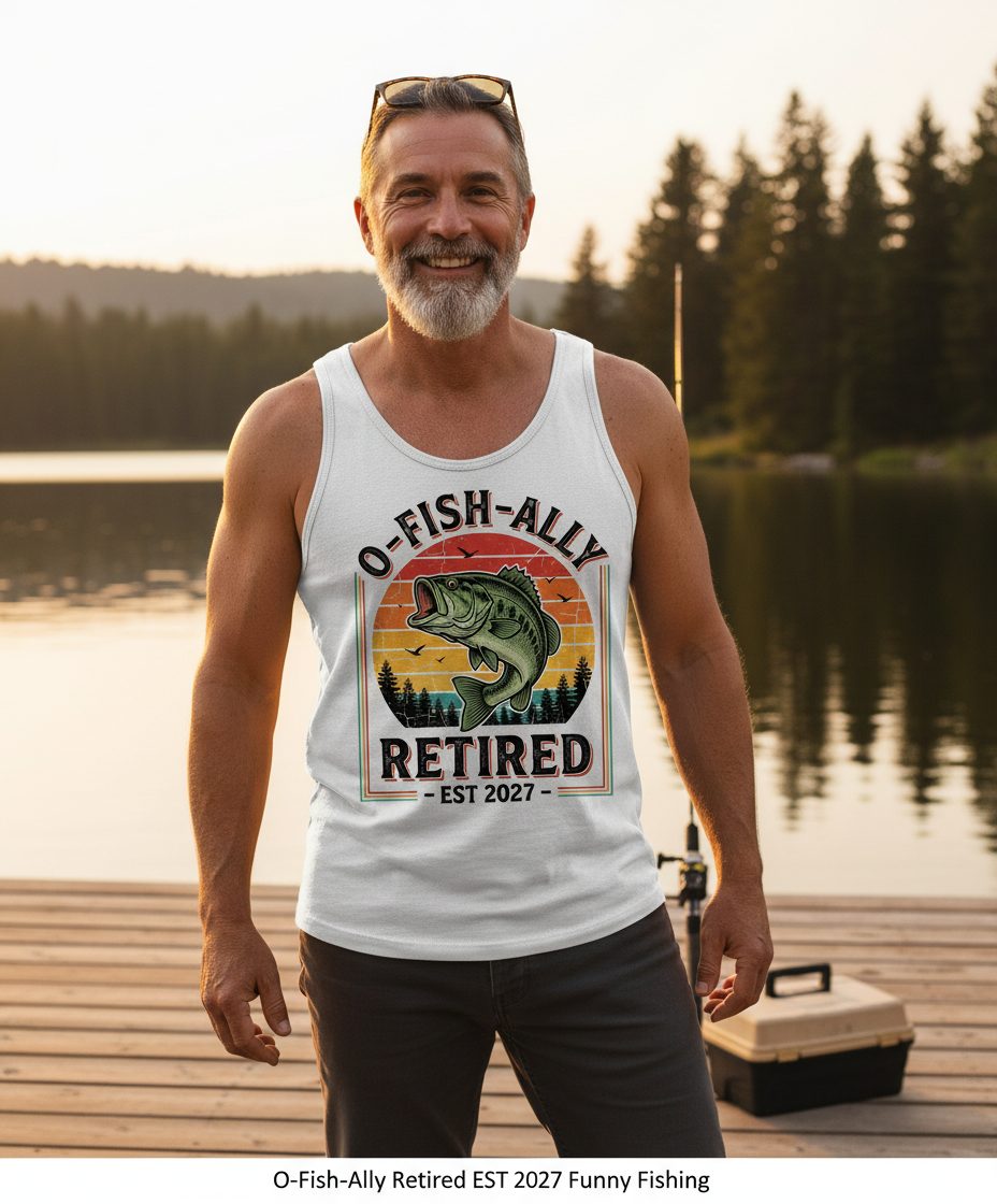 O-Fish-Ally Retired EST 2027 Funny Fishing Tank Top - lifestyle model mockup - White