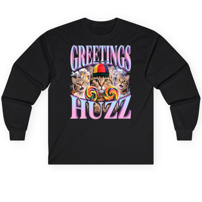 Greetings Huzz Funny Cats Long Sleeve Tee - product mockup - Black