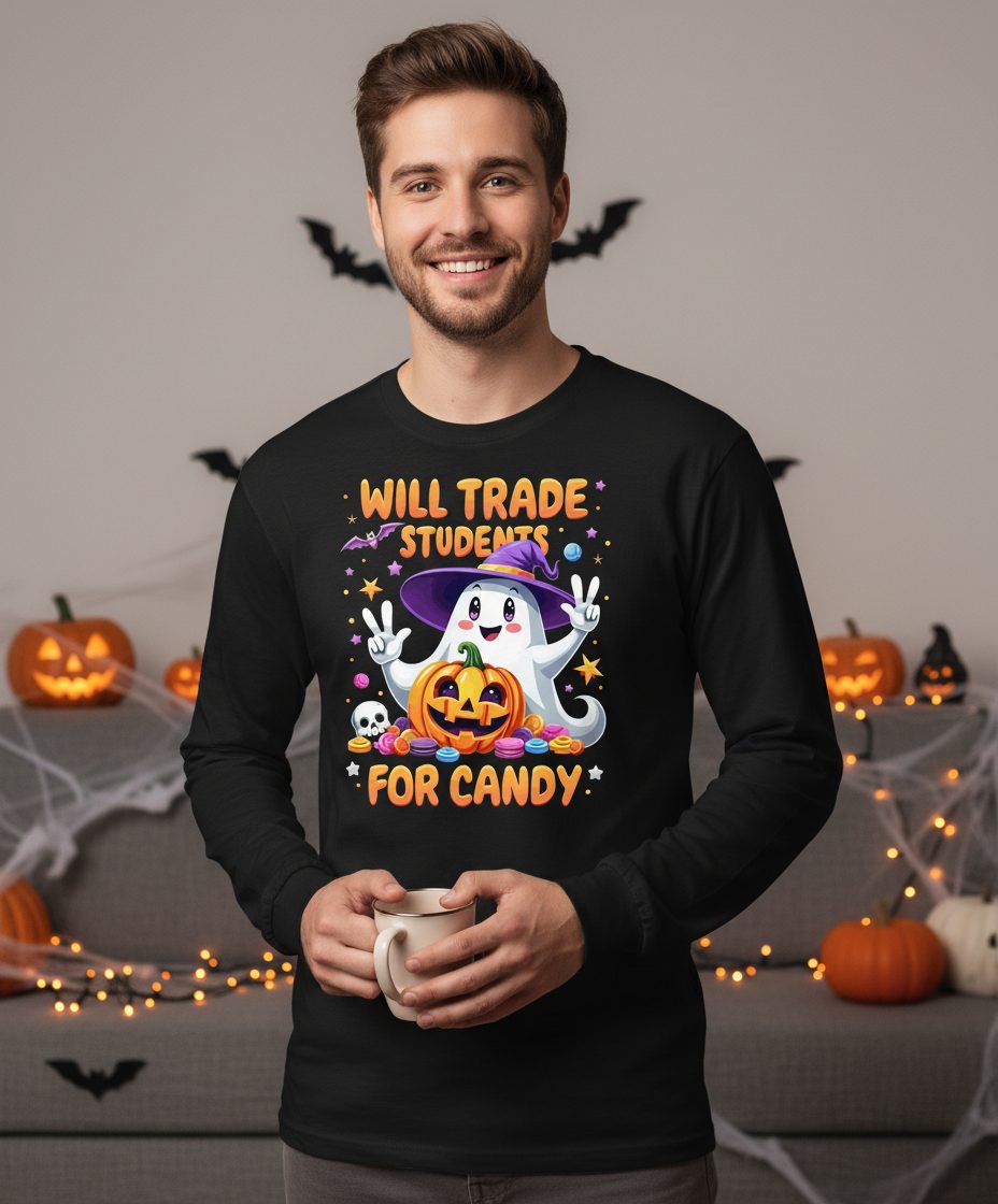 Will Trade Students for Candy teacher Halloween Long Sleeve Tee Black lifestyle mockup