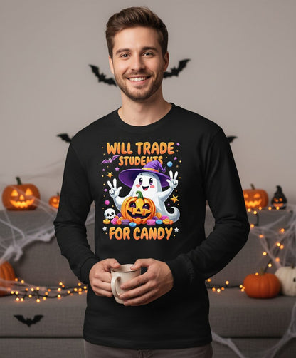Will Trade Students for Candy teacher Halloween Long Sleeve Tee Black lifestyle mockup