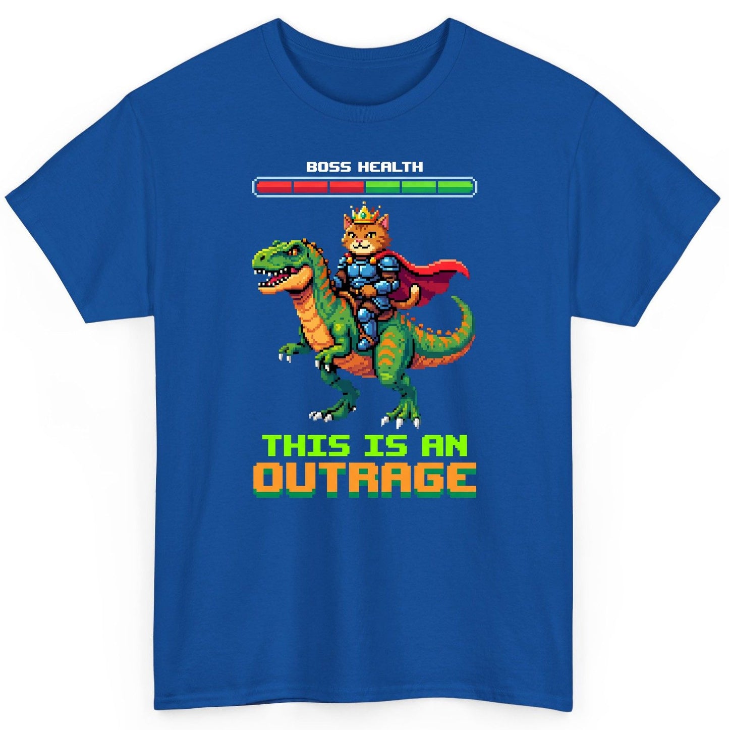 THIS IS AN OUTRAGE Cat riding a dinosaur T-Shirt Royal product mockup