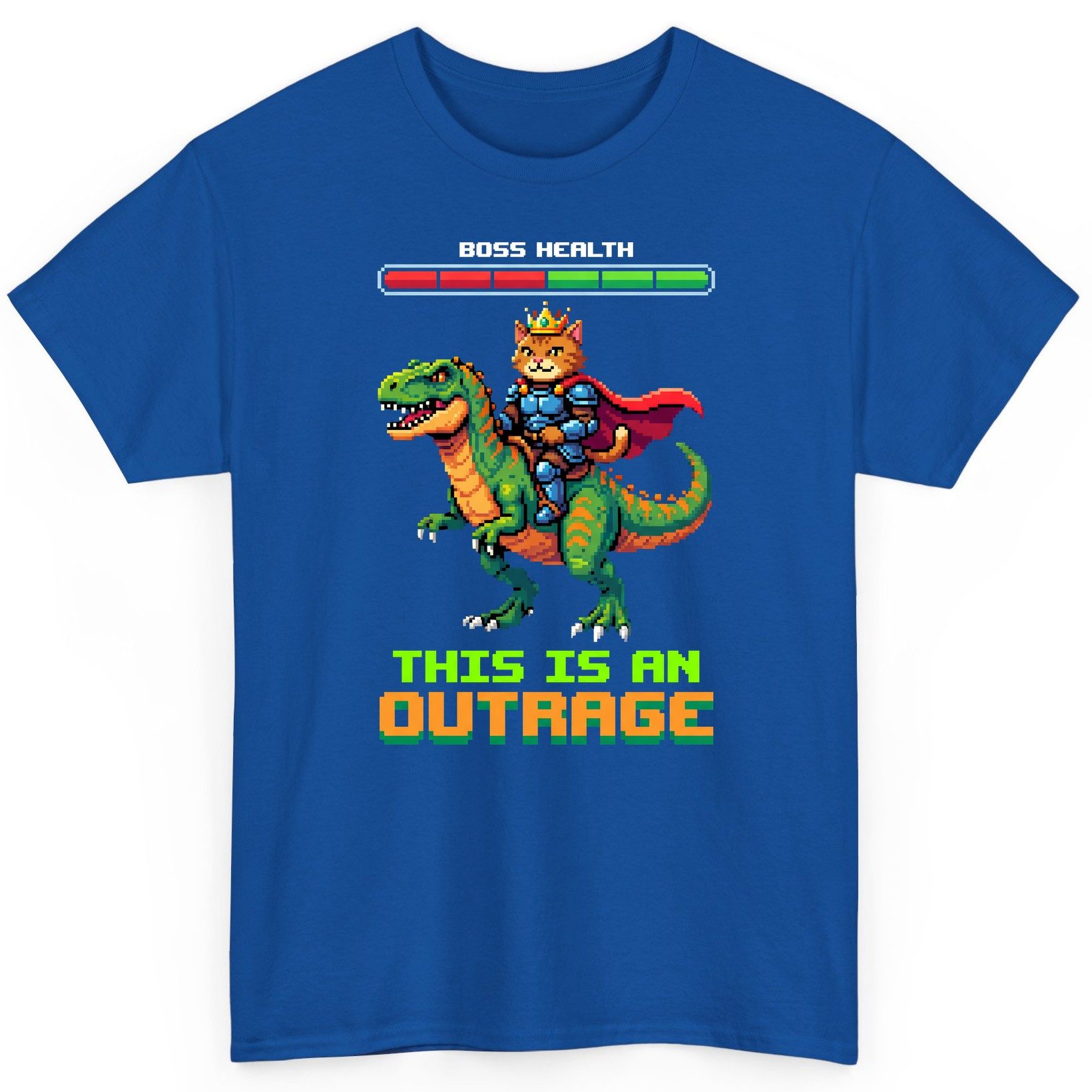 THIS IS AN OUTRAGE Cat riding a dinosaur T-Shirt Royal product mockup