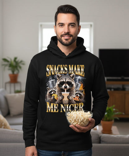 SNACKS MAKE ME NICER Funny Raccoon Hoodie - lifestyle model mockup - Black