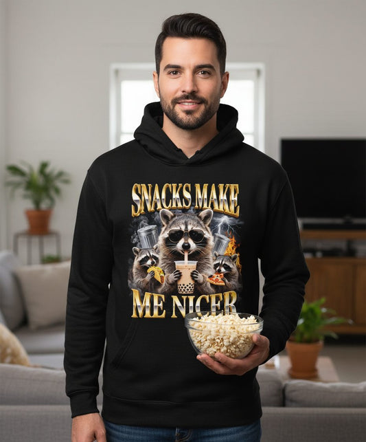 SNACKS MAKE ME NICER Funny Raccoon Hoodie - lifestyle model mockup - Black