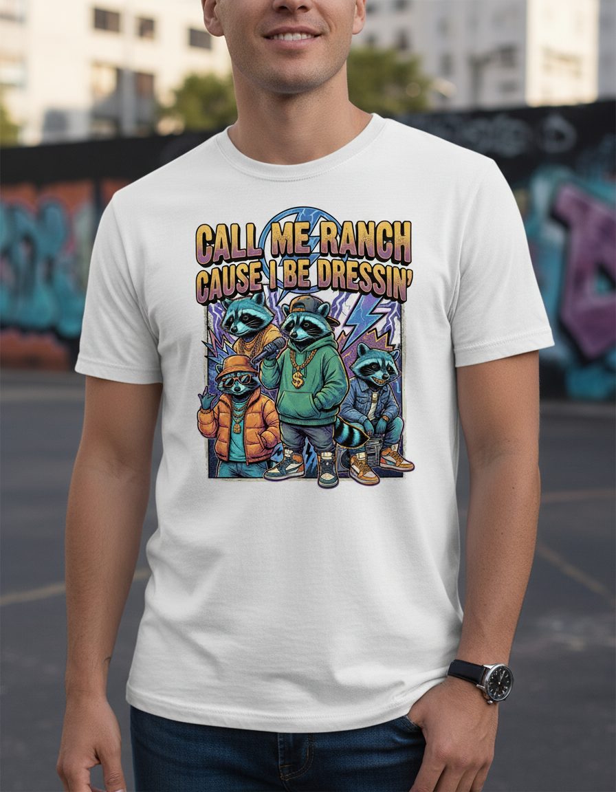 Call Me Ranch Cause I Be Dressin' raccoons T-Shirt White lifestyle mockup