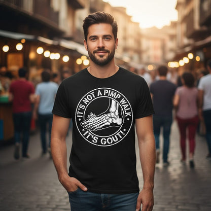 IT'S NOT a PIMP WALK IT'S GOUT Funny People T-Shirt - lifestyle model mockup - Black