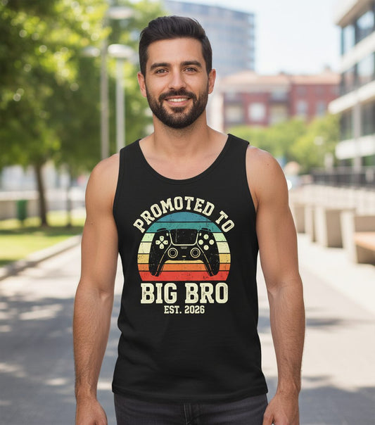 Promoted TO BIG BRO EST 2026 Retro Gaming Tank Top - lifestyle model mockup - Black