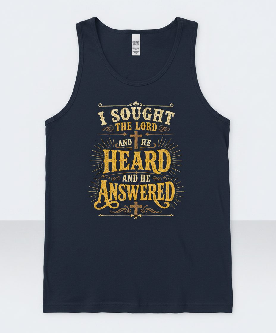 I Sought the Lord and He Heard and He Answered Tank Top - product mockup - Navy