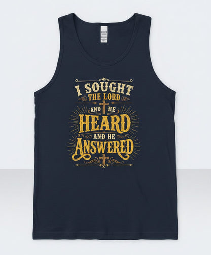 I Sought the Lord and He Heard and He Answered Tank Top - product mockup - Navy