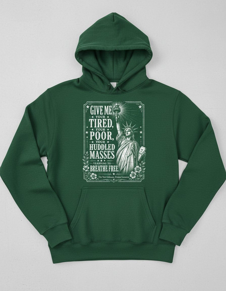 Give Me Your Tired Statue of Liberty Vintage Patriots Hoodie - product mockup - Forest Green