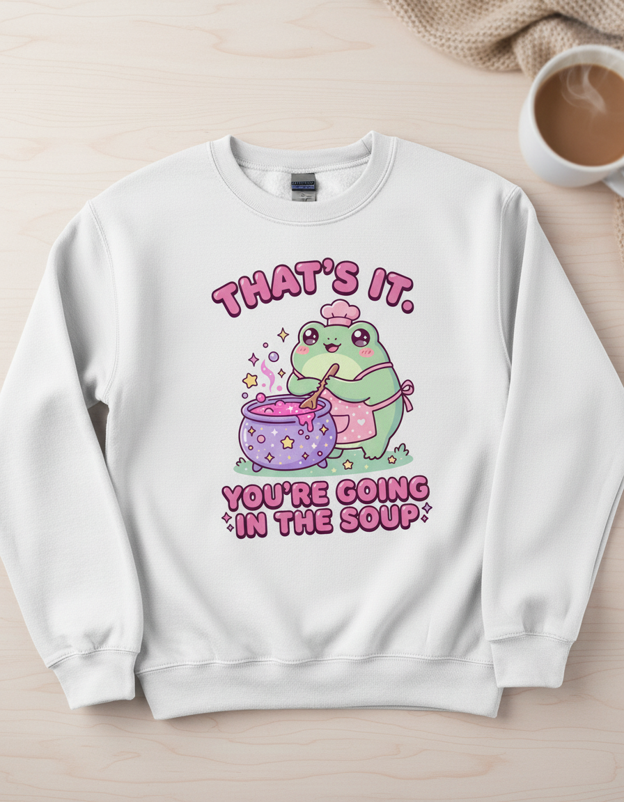 Kawaii Frog Chef "You're Going In The Soup" Funny Meme Design Sweatshirt - White