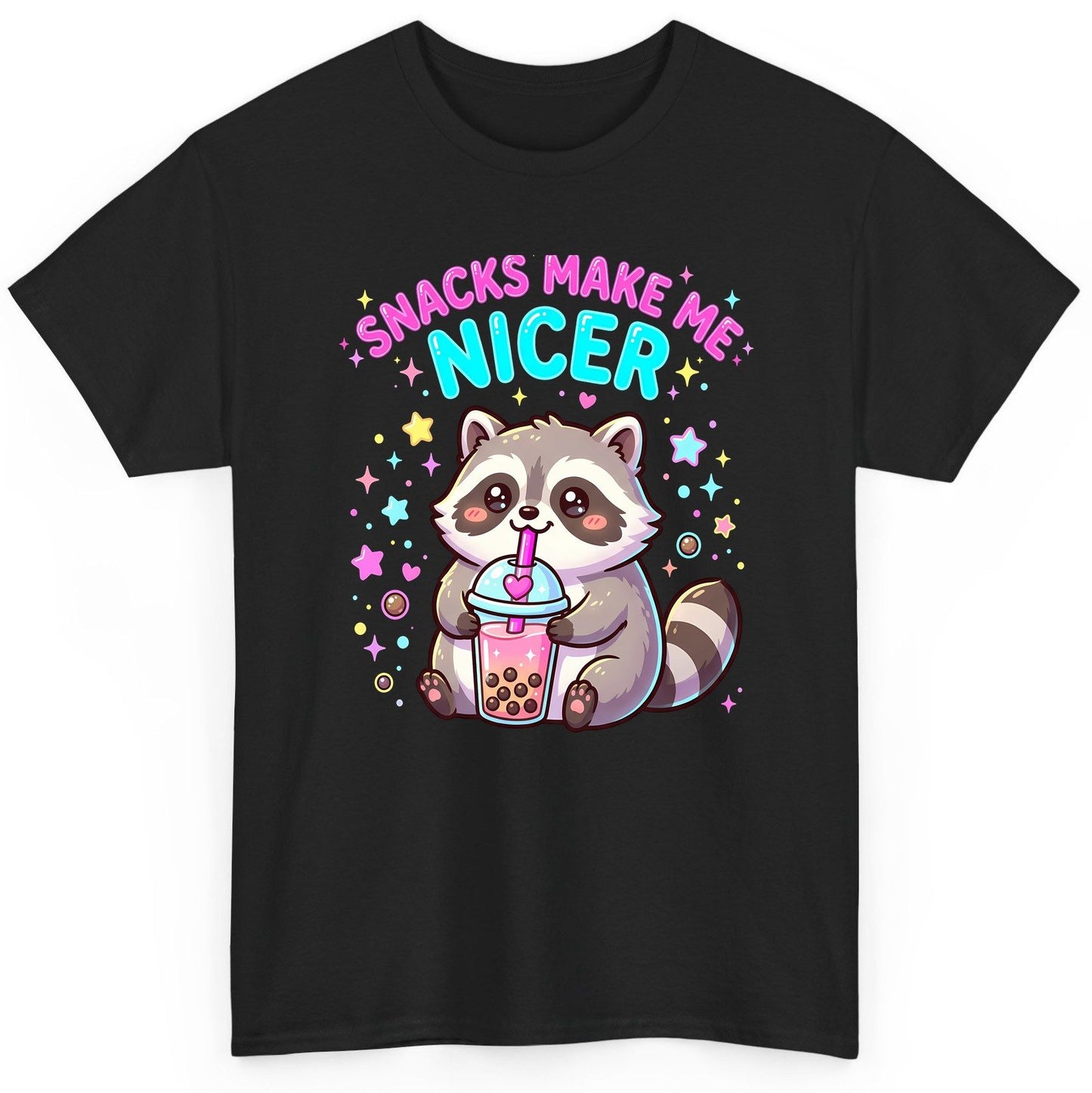 SNACKS MAKE ME NICER Funny Raccoon T-Shirt - product mockup - Black