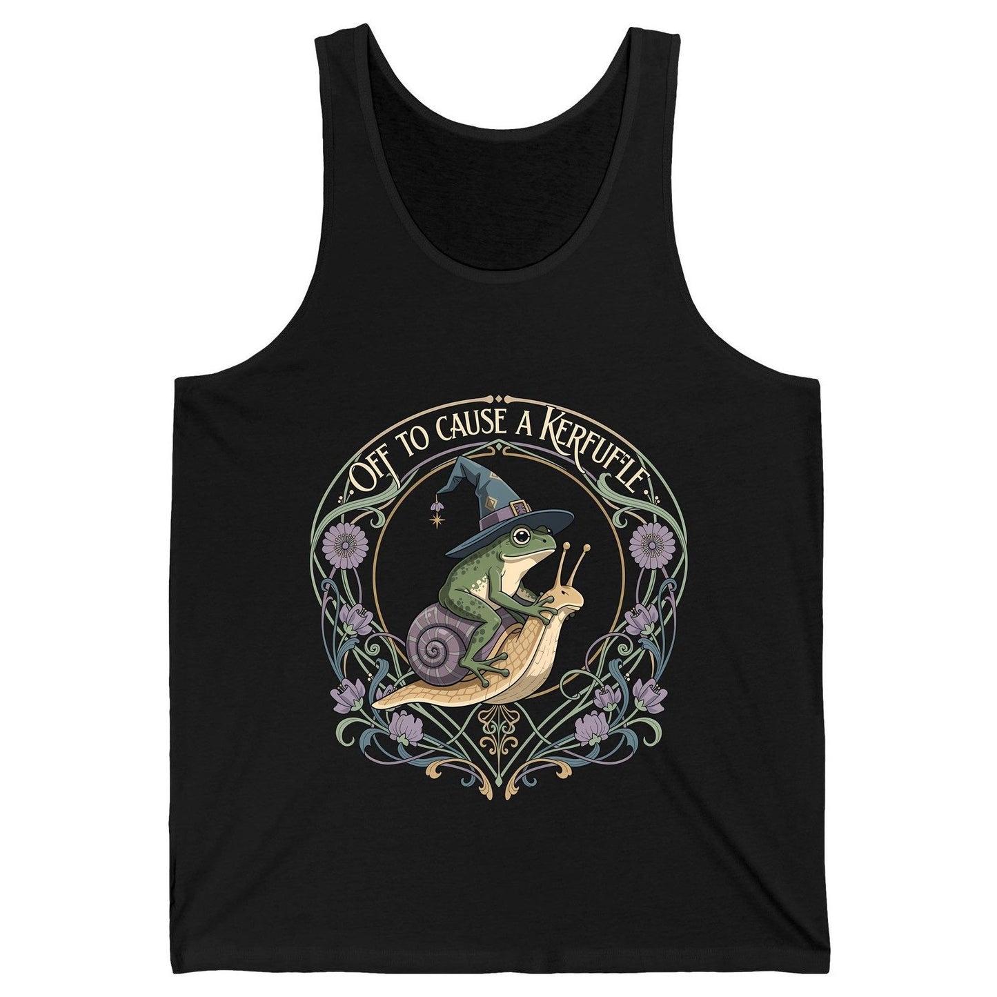 Off to Cause a Kerfuffle frog riding a snail Tank Top Black product mockup