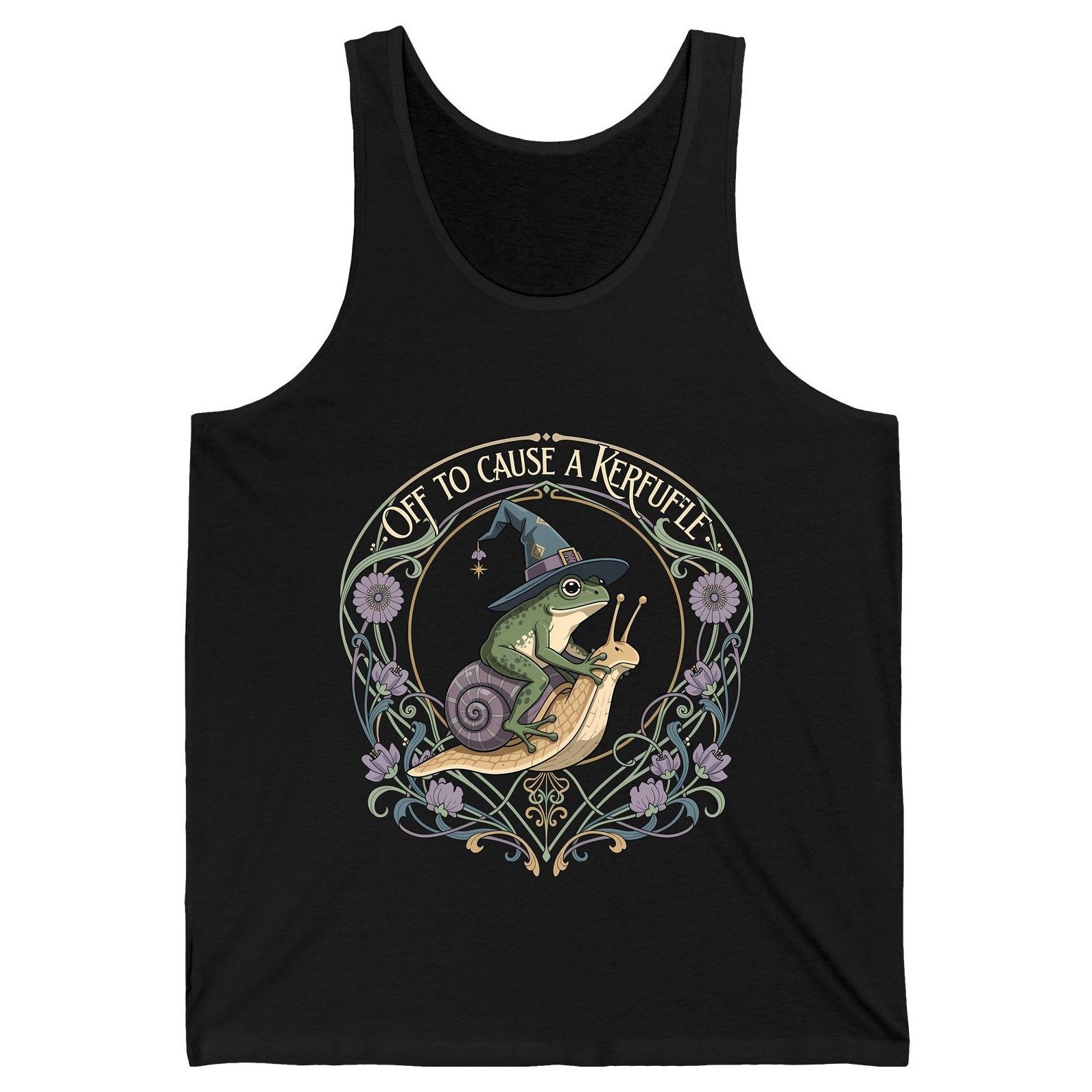 Off to Cause a Kerfuffle frog riding a snail Tank Top Black product mockup
